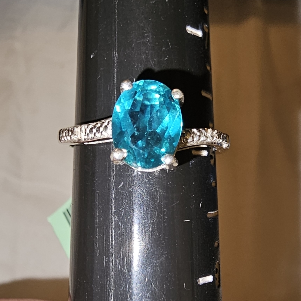 Sz 8, Capri Blue Quartz, Diamond, 925 Silver, 2.16 TGW,NWT